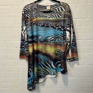 Jess & Jane Multi Abstract Zebra Print Asymmetrical Lagenlook Boho Tunic XL USA